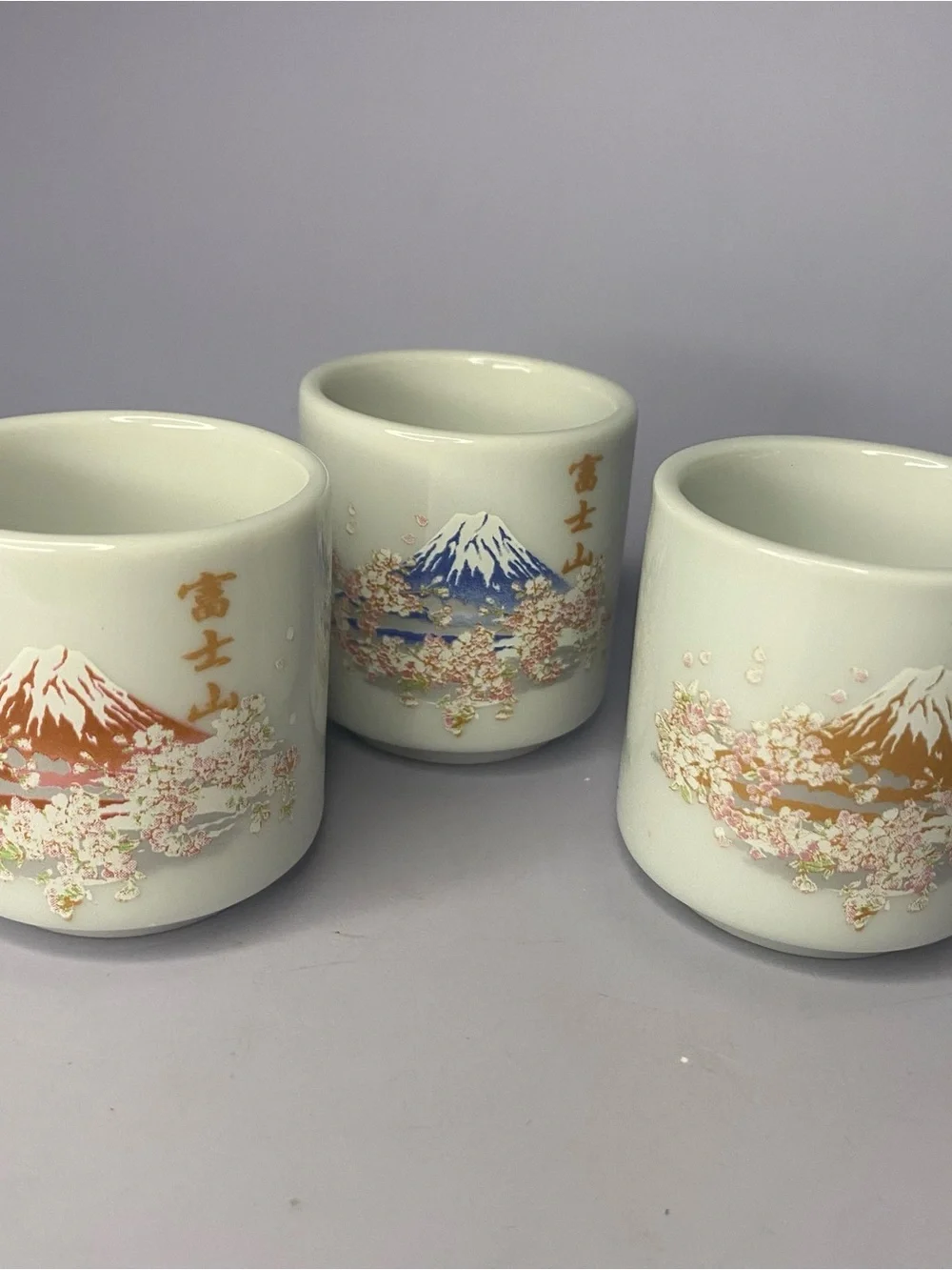Ceramic Sakura Mount Fuji Sake Cups - White with Pink & Blue Accents